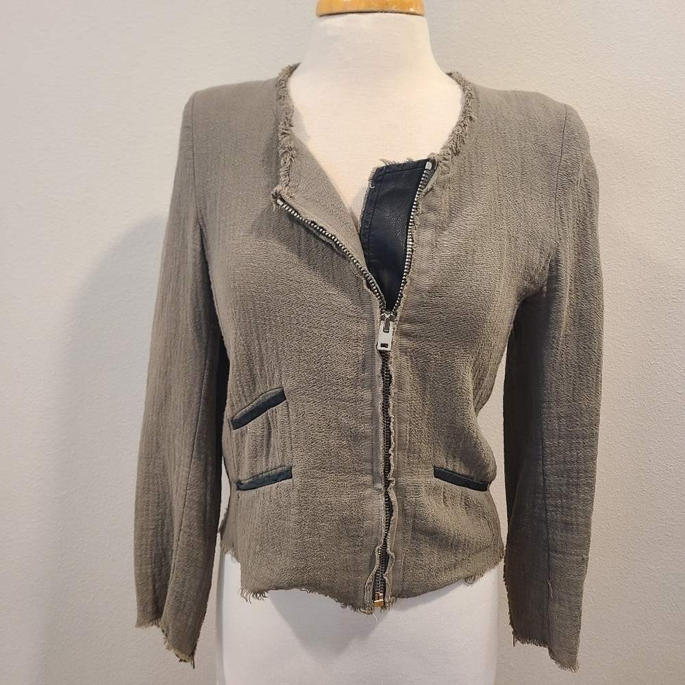 IRO Barry Green Cotton Distressed Leather Trim Jacket